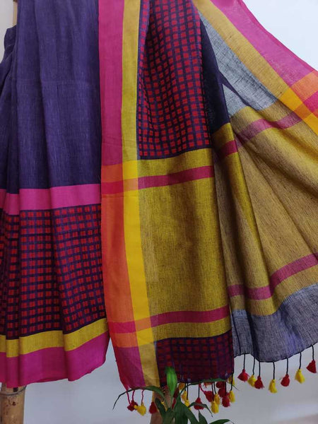 Purple Jacquard  woven pure linen saree
