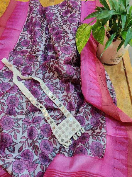 Floral  Block Printed Pure Tussar Silk Dupatta