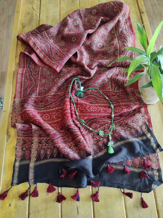 Ajrakh Chanderi Silk Stole - Desi Weaves