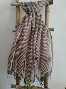 Taupe Brown Handcrafted Block Print Pure Linen  Dupatta