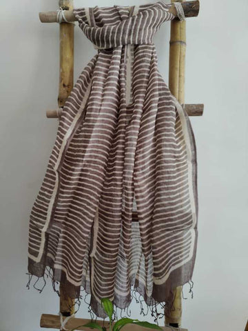 Taupe Brown Handcrafted Block Print Pure Linen  Dupatta