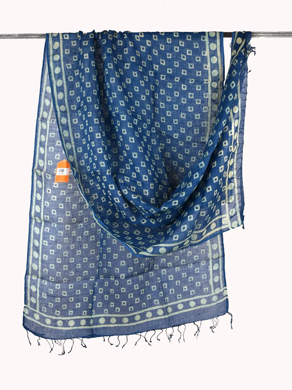 indigo hand block print linen dupatta - desi weaves