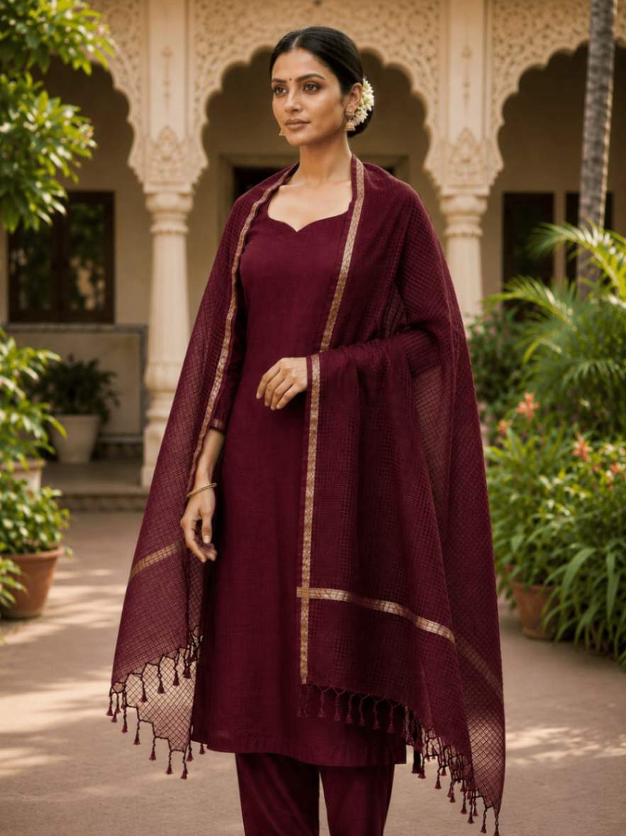Deep Maroon Zari Border Kota Doria Dupatta