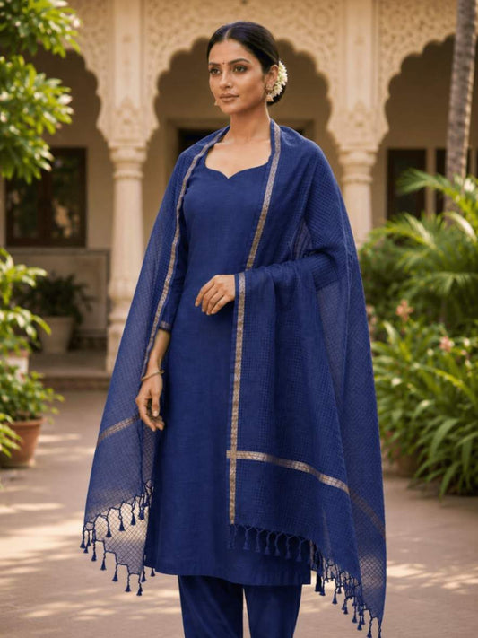 Indigo Blue Cotton Kota Doria Zari Border Dupatta