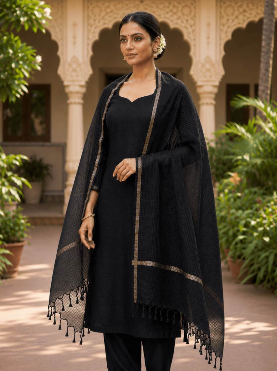 black kota doria dupatta - Desi Weaves
