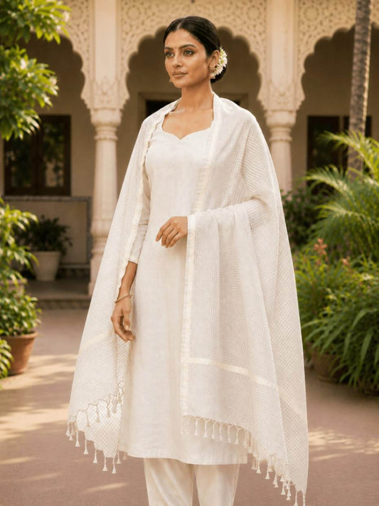 Off White Cotton Kota Doria Zari Border Dupatta