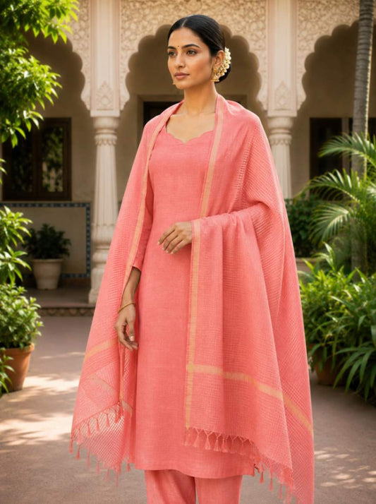 Dark Peach Kota Doria Zari Border Dupatta