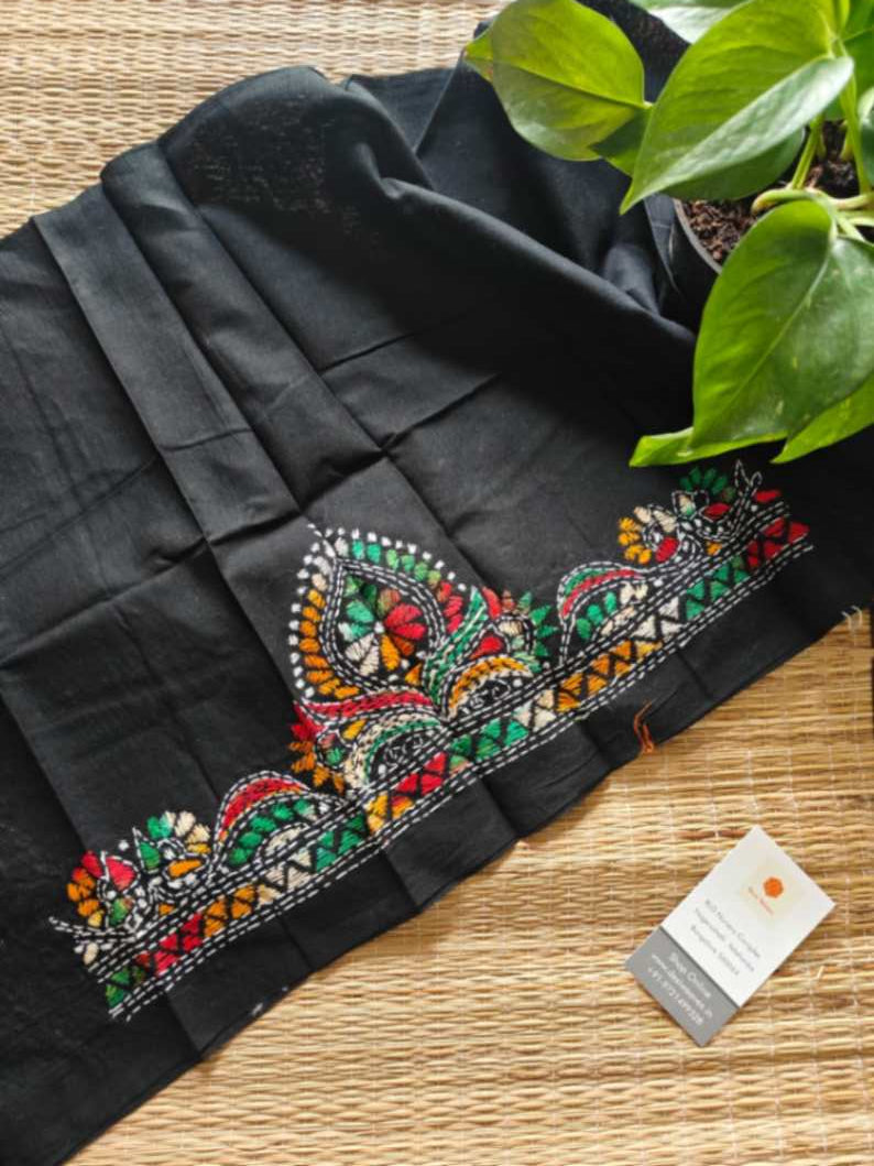 Black Kantha stitch cotton blouse - Desi Weaves