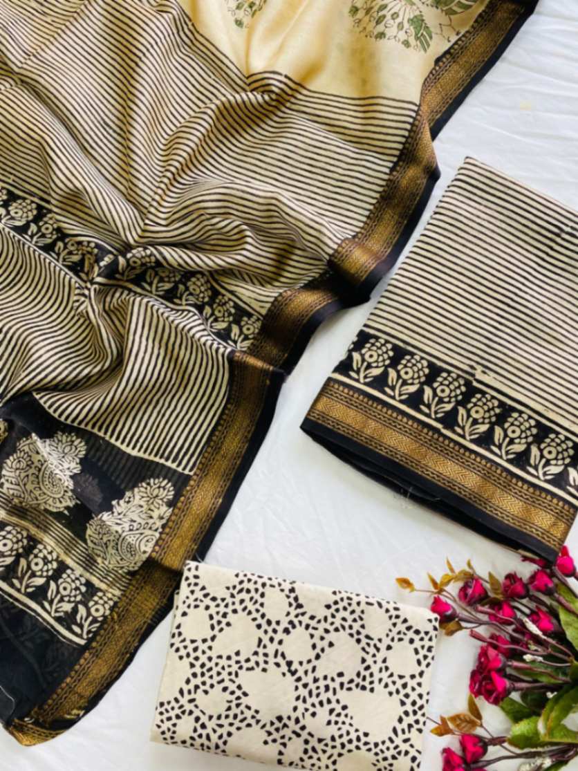Block Print Maheshwari Silk Suit Dupatta Set