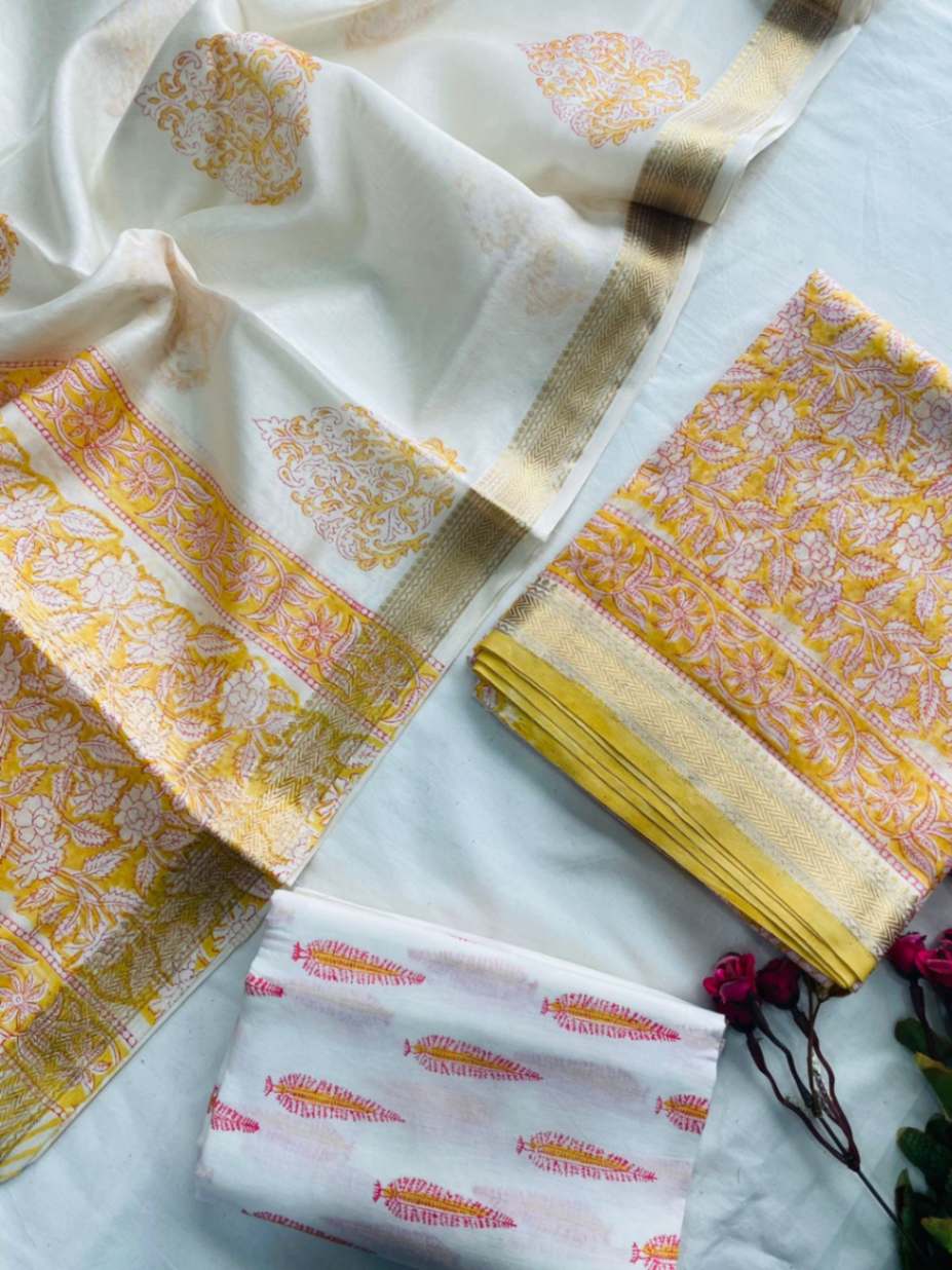 Block Print Maheshwari Silk Suit Dupatta Set