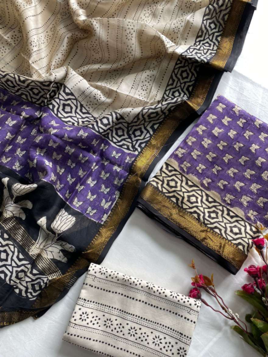Block Print Maheshwari Silk Suit Dupatta Set