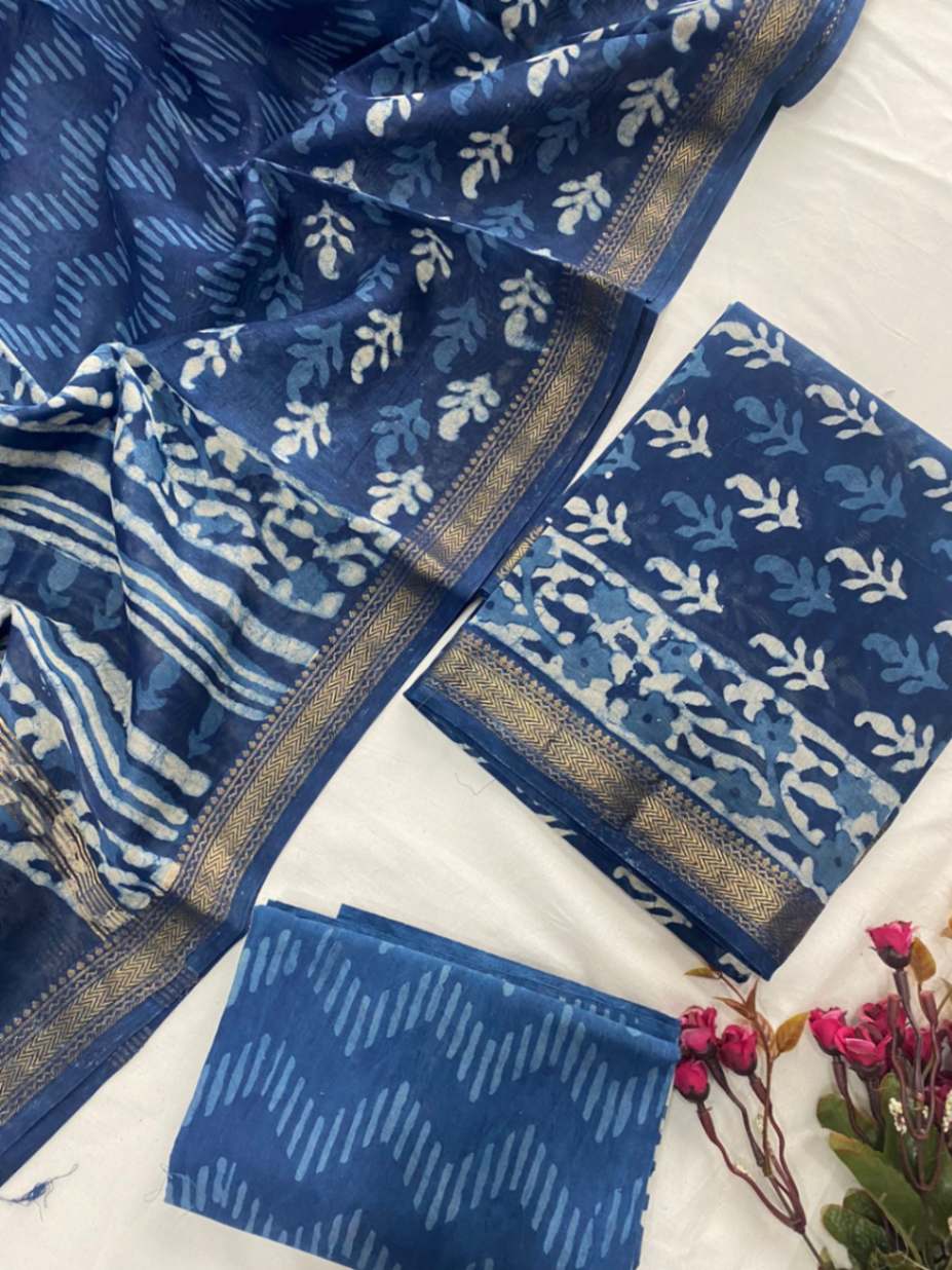 Block Print Maheshwari Silk Suit Dupatta Set