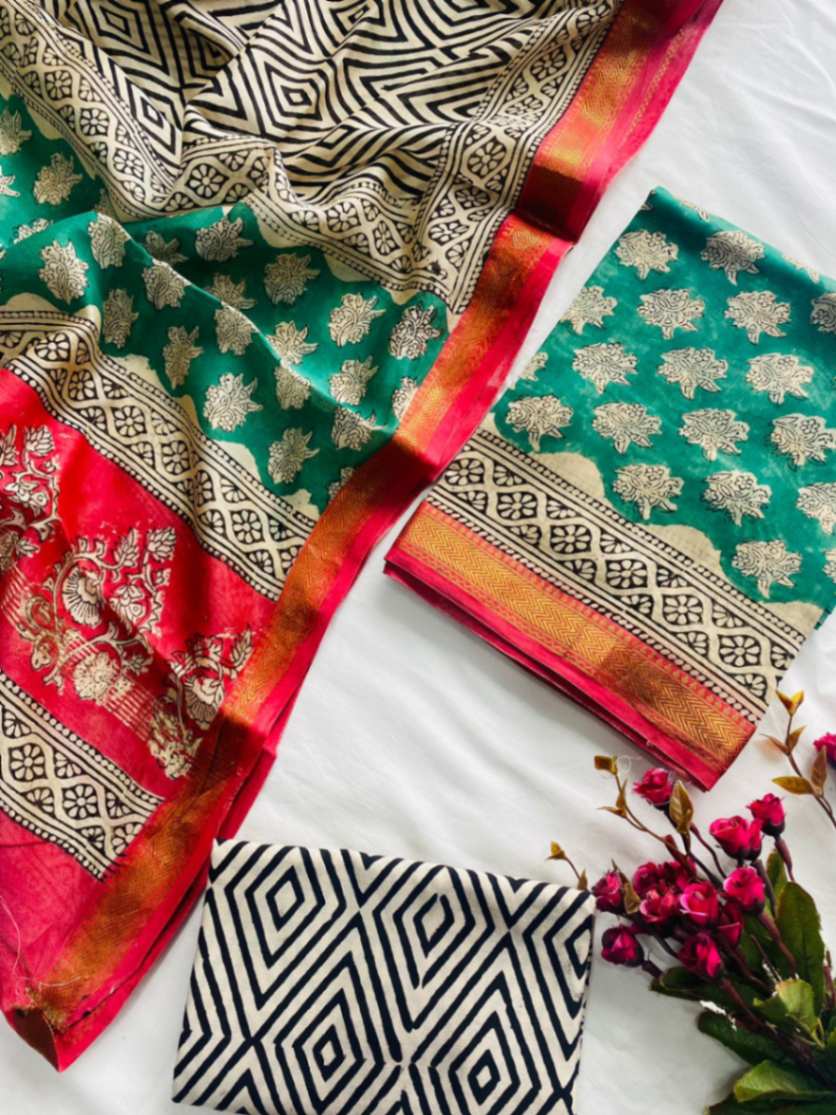 Block Print Maheshwari Silk Suit Dupatta Set