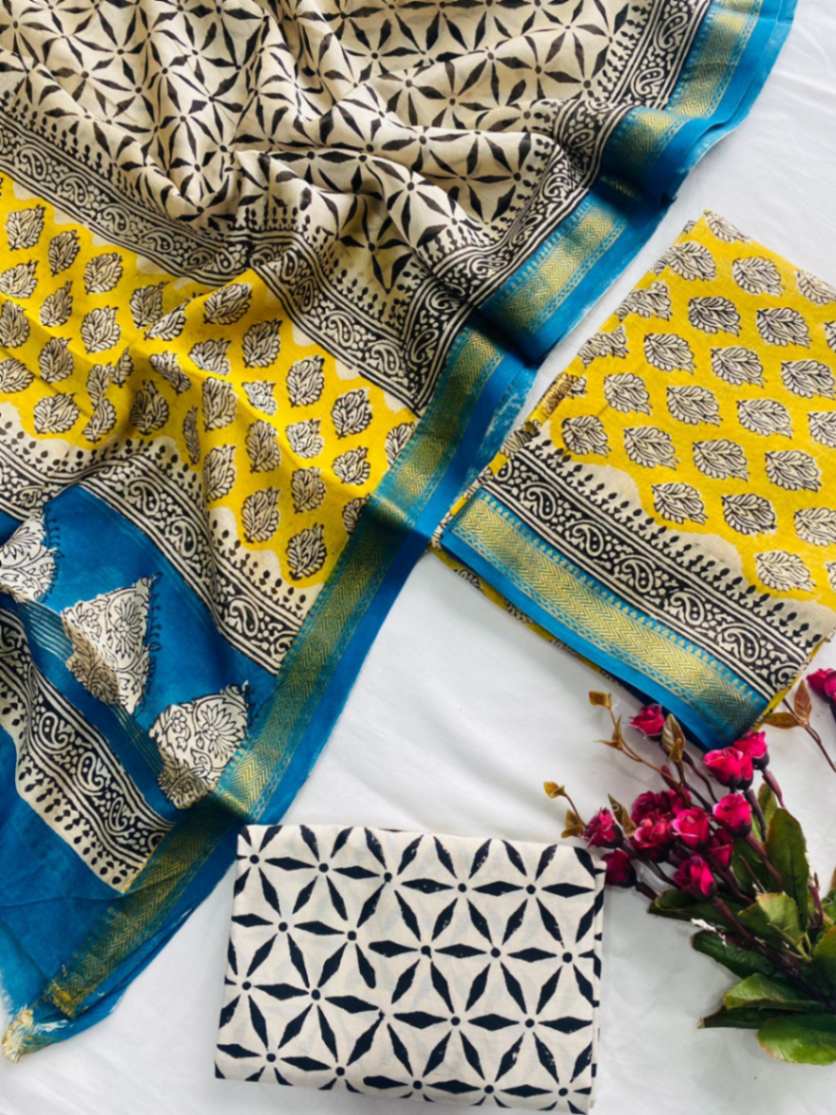 Block Print Maheshwari Silk Suit Dupatta Set