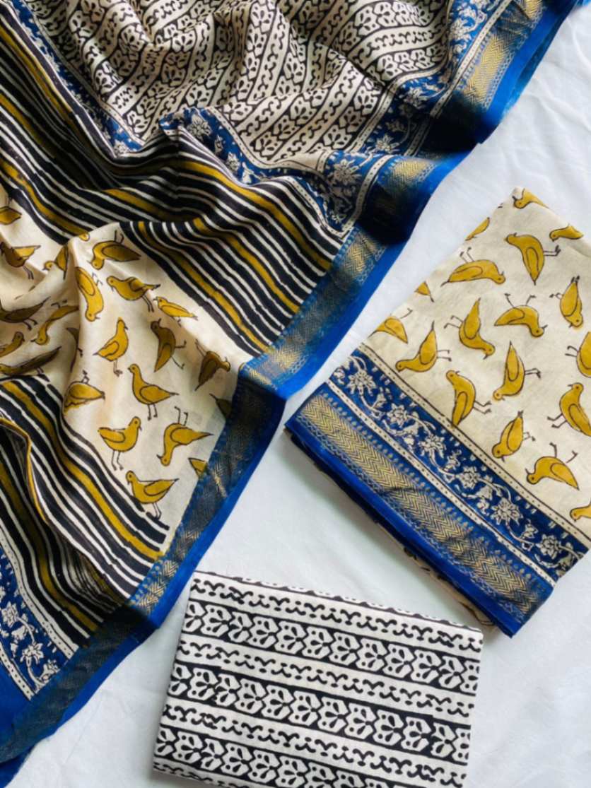 Block Print Maheshwari Silk Suit Dupatta Set