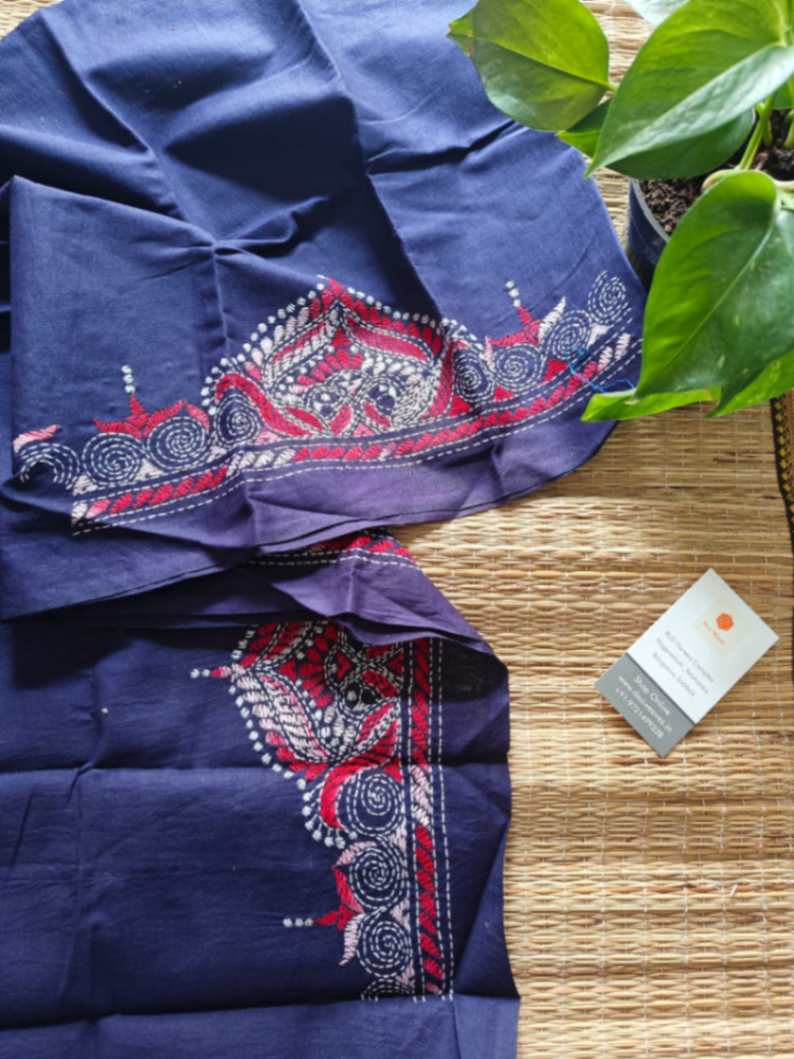 Blue Kantha stitch cotton blouse - Desi Weaves