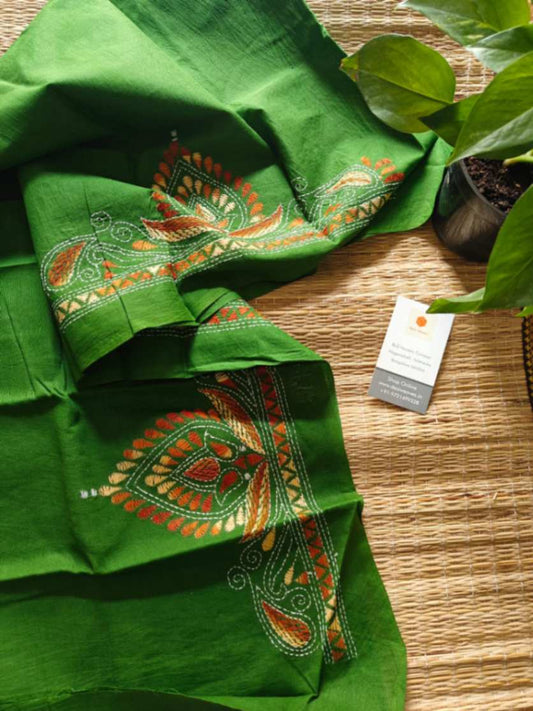 Green Kantha stitch cotton blouse - Desi Weaves