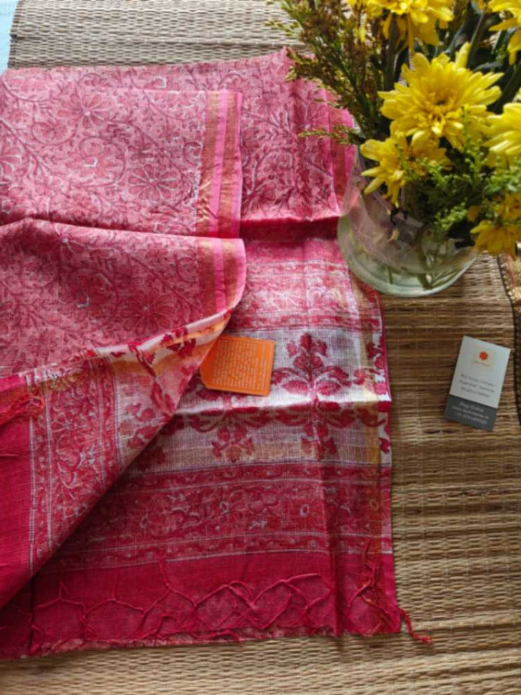 pink block print kota doria dupatta - Desi Weaves