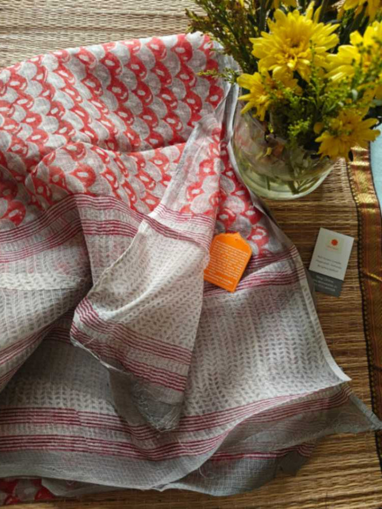 grey block print kota doria dupatta - desi weaves