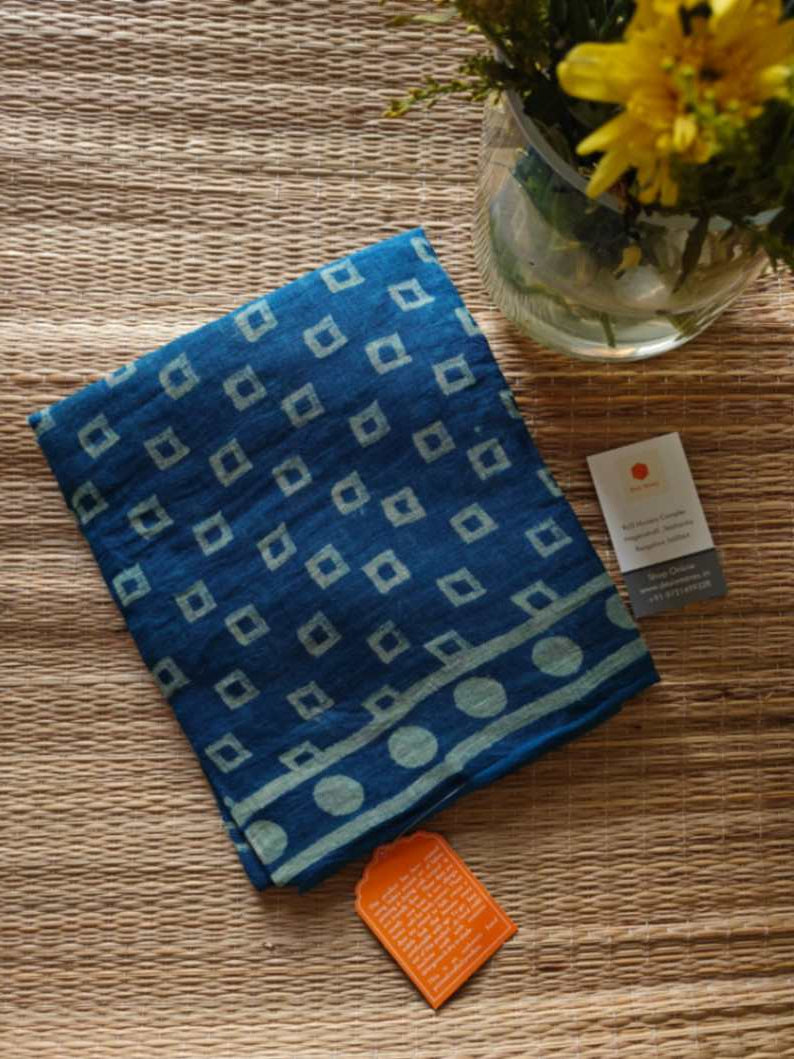 Indigo hand block print linen dupatta - Desi Weaves