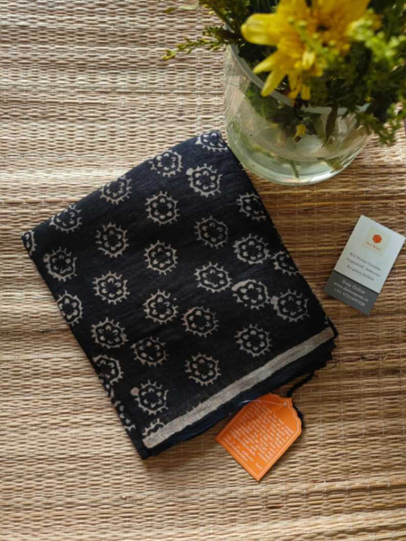 black hand block print linen dupatta - Desi Weaves