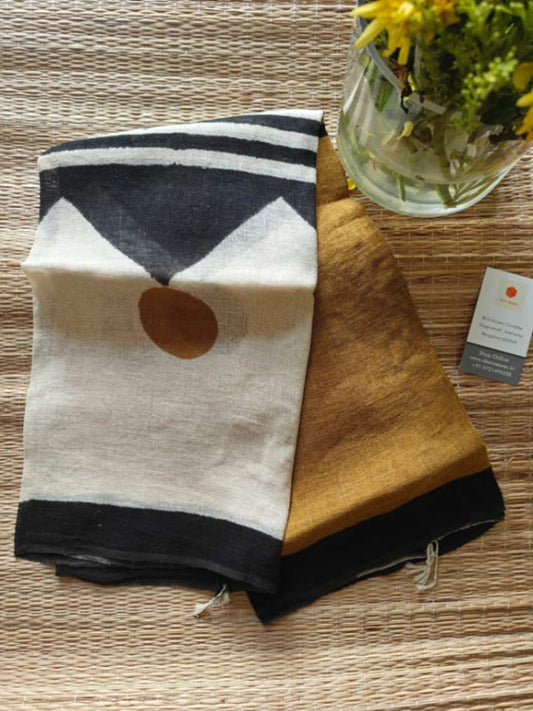 Mustard hand block print linen dupatta - Desi Weaves