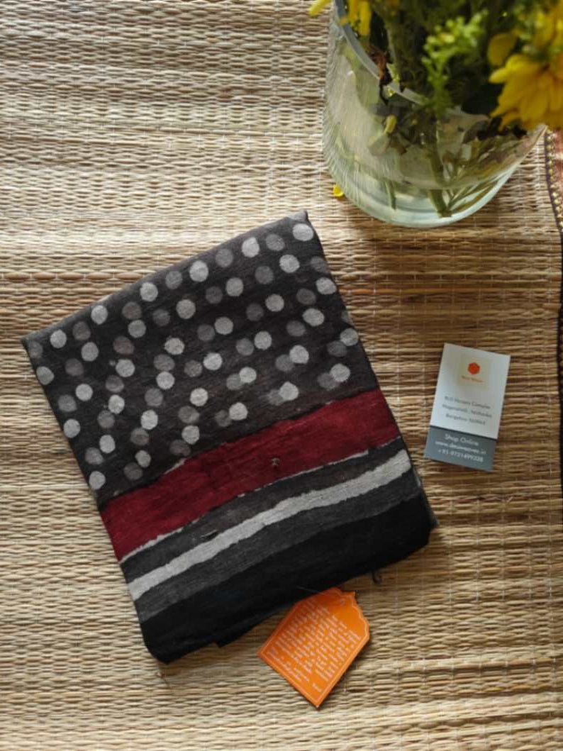 black hand block print linen dupatta - Desi Weaves