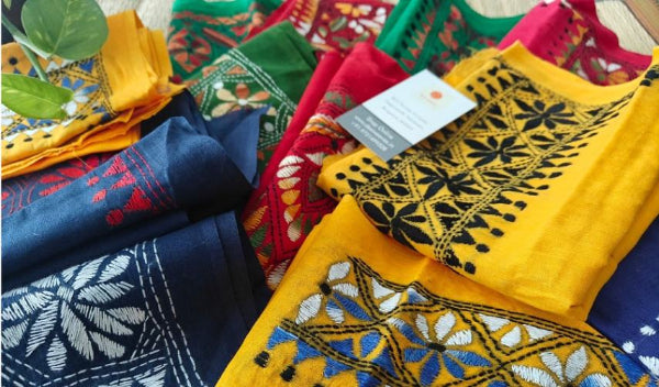 Colorful kantha stitch embroidered fabrics
