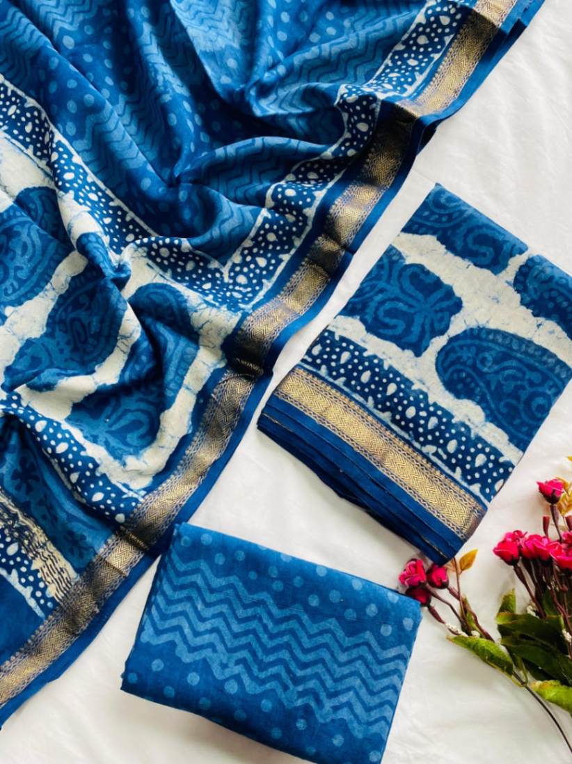 Block Print Maheshwari Silk Suit Dupatta Set