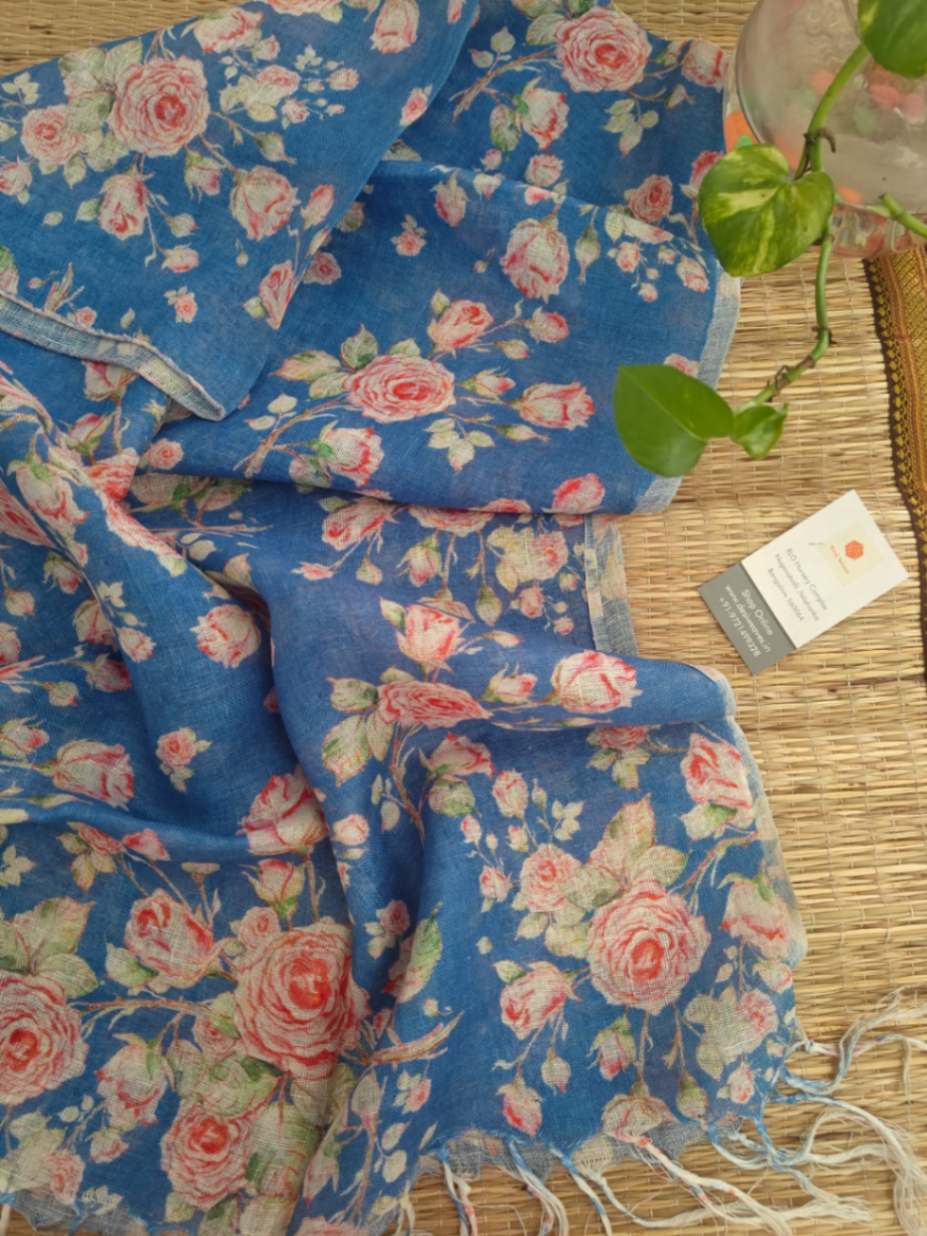 Blue Rose Digital Print Pure Linen Stole