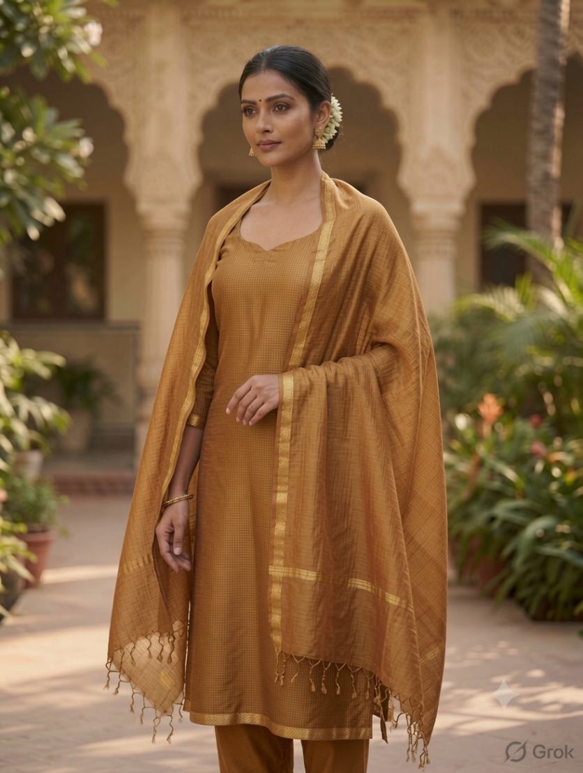 mustard kota doria dupatta - Desi Weaves