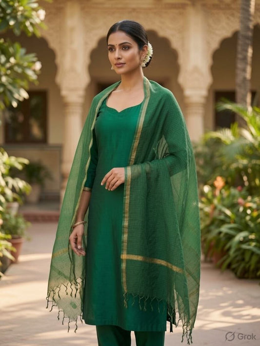 Dark Green Cotton Kota Doria Zari Border Dupatta