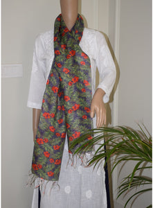 Red poppies digital printed pure linen stole - Desi Weaves