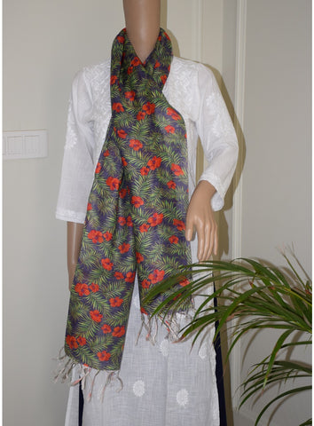 Red poppies digital printed pure linen stole - Desi Weaves