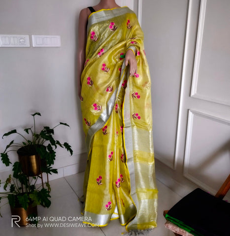 Lime yellow embroidered pure tissue linen saree with blouse