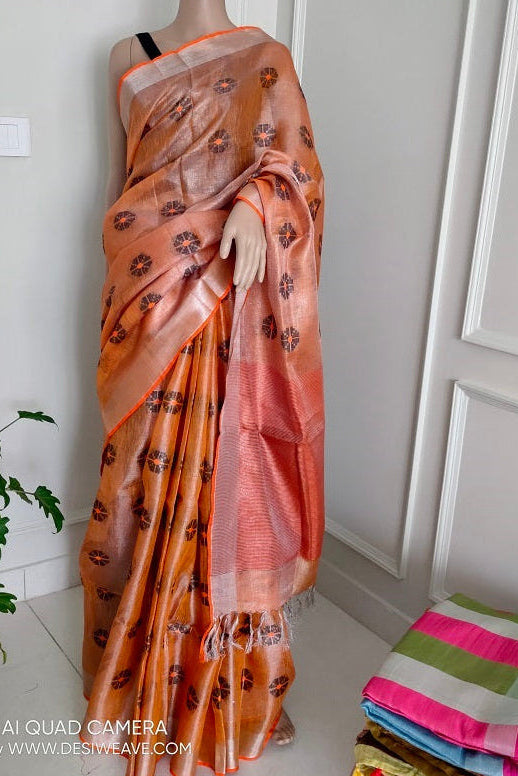 rust tissue linen saree with blouse