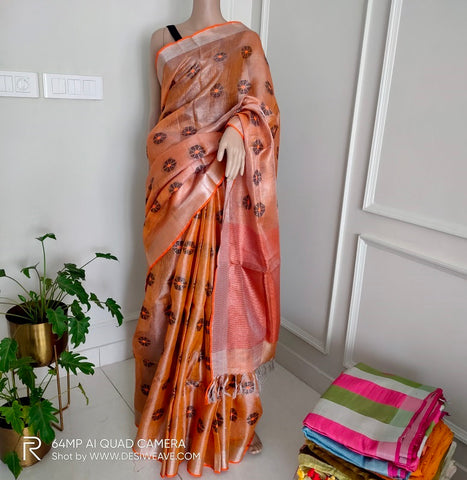 Metallic rust color jacquard tissue linen saree with blouse