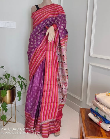 Hand embroidered handloom tussar silk kantha work saree