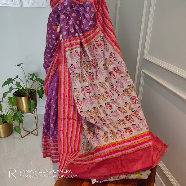 Purple Hand embroidered tussar silk kantha work saree - Desi Weave