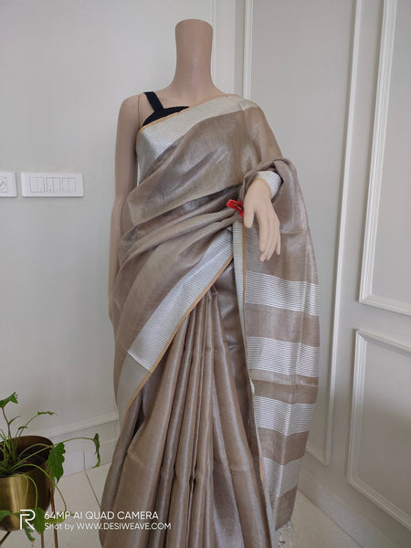 Taupe handloom metallic tissue linen saree with blouse - Desi Weave