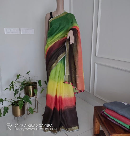 Multicolor Handwoven pure linen saree with blouse - Desi Weave