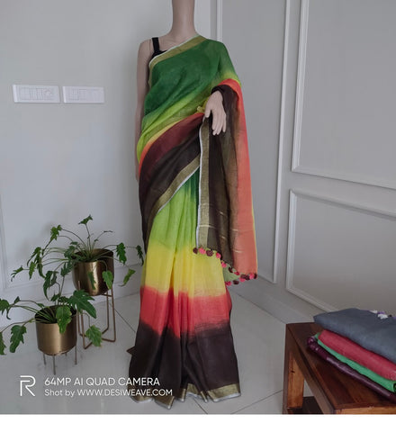 Multicolor Handwoven pure linen saree with blouse - Desi Weave