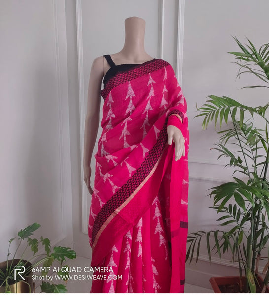 Red handbatik naksha linen saree with woven border - Desi Weave