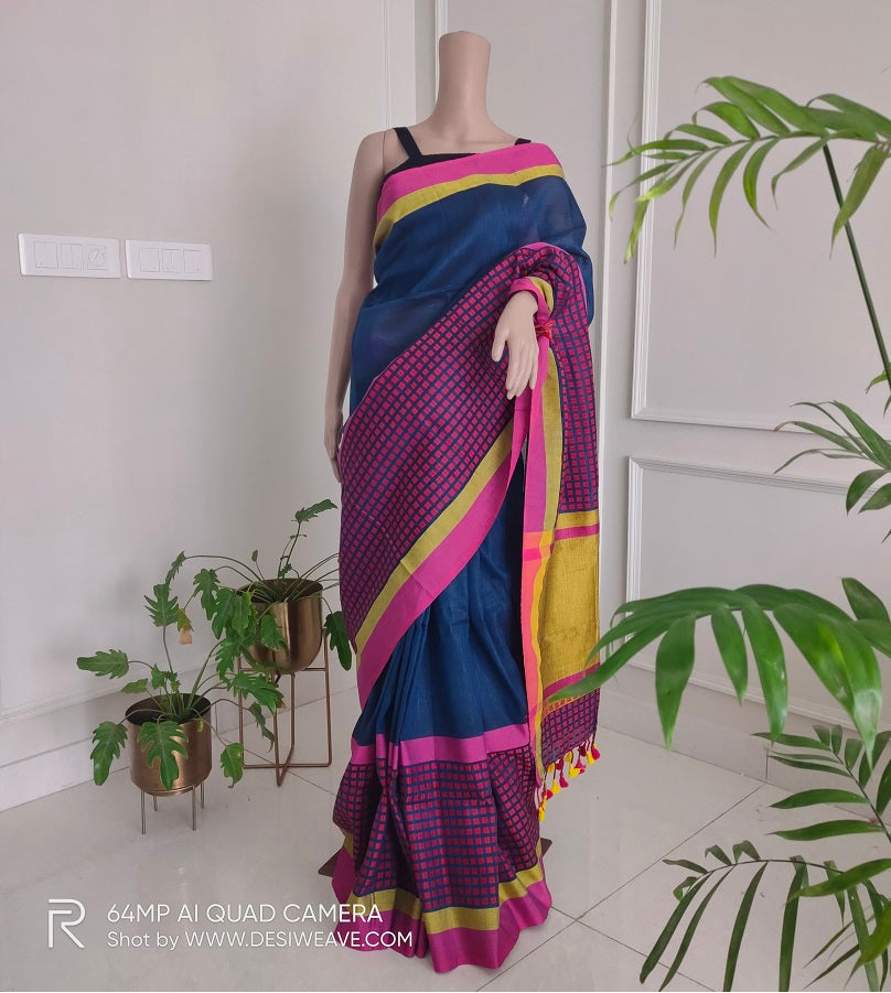 Peacock Blue Jacquard woven pure linen saree with blouse - Desi Weave