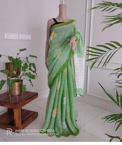 Sage handwoven pure linen jamdani saree with blouse - Desi Weave