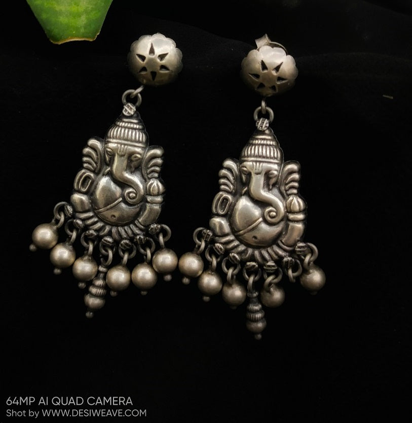 Ganesha handcrafted pure silver earrings - Desi Weaves