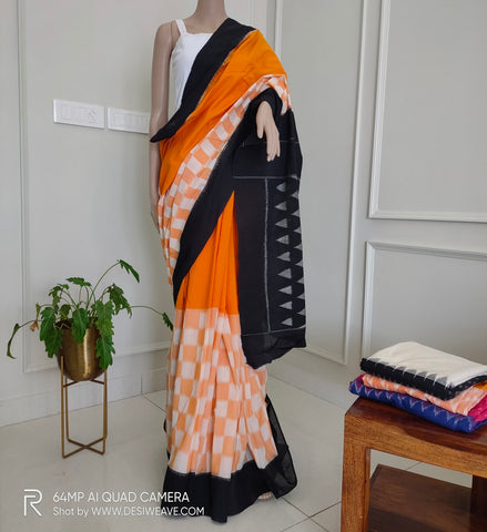 Saffron handloom Ikkat cotton saree online