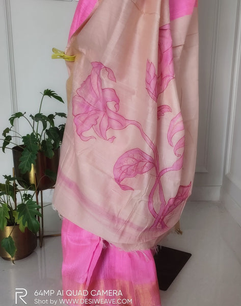 Pink Handloom Pure Dupion Silk Saree - Desi Weave