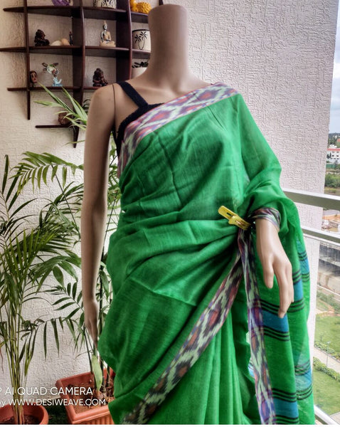 Green Handloom Pure Dupion Silk Saree With Blouse - Desi Weave