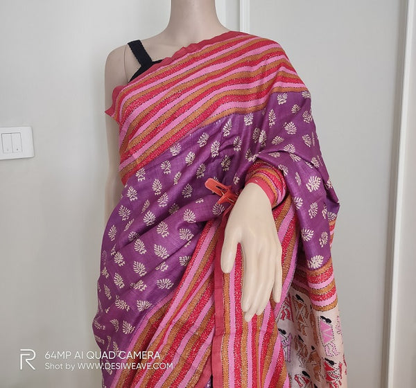 Purple Hand embroidered tussar silk kantha work saree - Desi Weave
